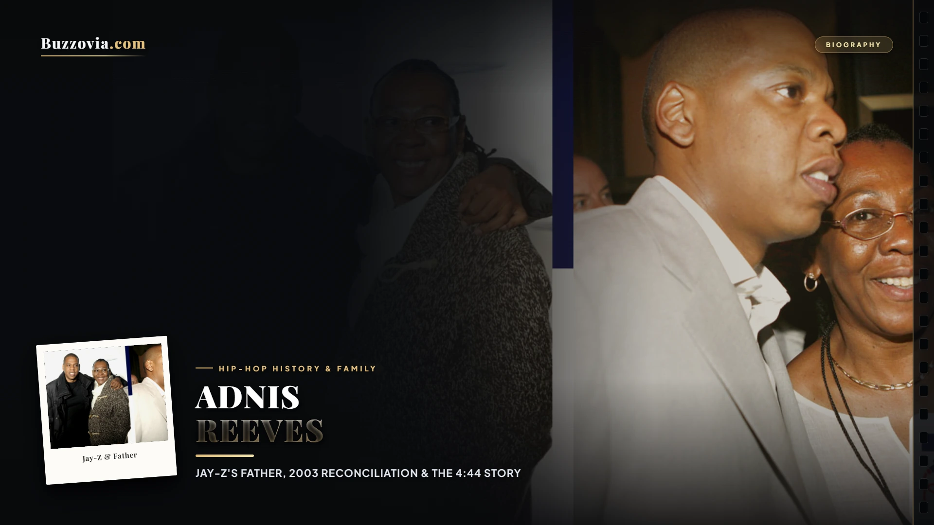 Jay-Z in a reflective portrait representing his reconciliation with father Adnis Reeves.