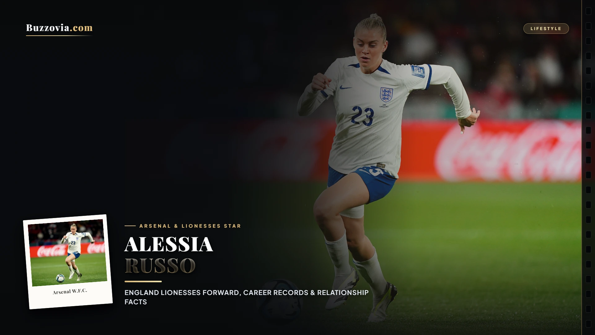 Alessia Russo celebrating a goal for Arsenal and the Lionesses, detailing her personal life file.