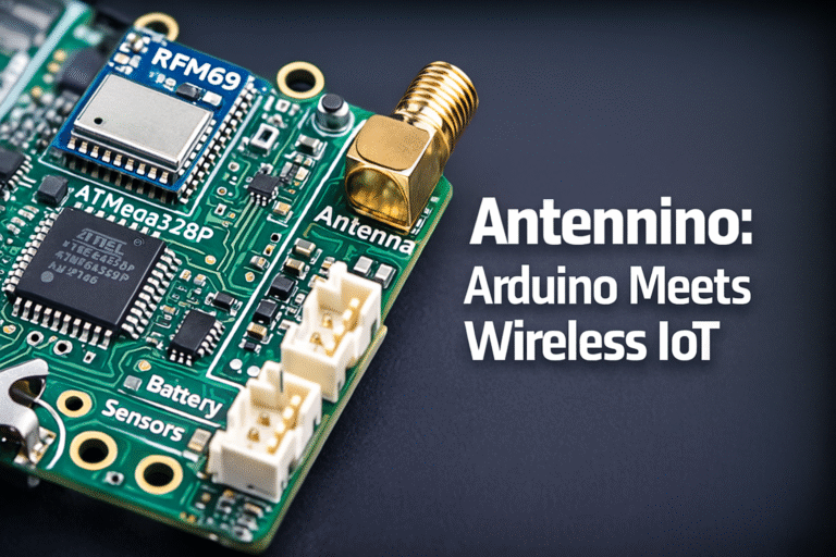 Antennino board showing ATmega328P processor, RFM69 433MHz radio module, and Grove sensor connectors for IoT projects