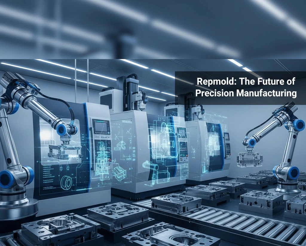 Repmold technology showing CAD design, 3D printing, and precision mold replication for faster manufacturing