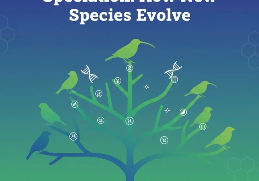 Speciation illustration showing how populations diverge into new species through prezygotic and postzygotic barriers