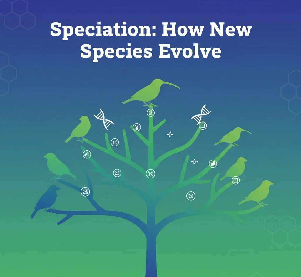 Speciation illustration showing how populations diverge into new species through prezygotic and postzygotic barriers