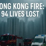 Hong Kong fire at Wang Fuk Court housing complex with bamboo scaffolding burning across multiple towers in Tai Po district