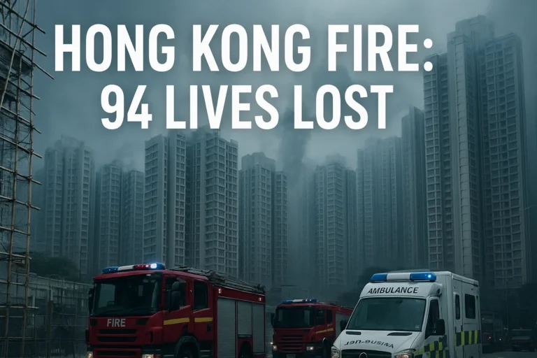 Hong Kong fire at Wang Fuk Court housing complex with bamboo scaffolding burning across multiple towers in Tai Po district