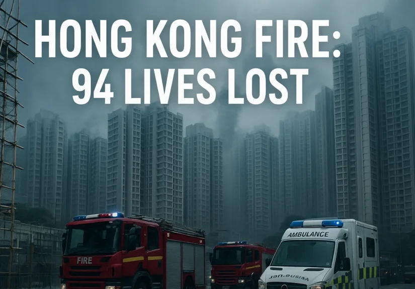 Hong Kong fire at Wang Fuk Court housing complex with bamboo scaffolding burning across multiple towers in Tai Po district