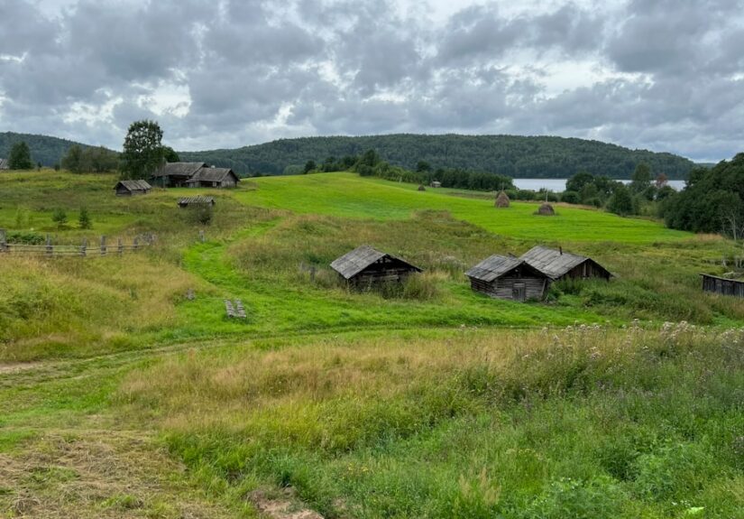 Traditional wooden cottage in Mebalovo village along Klyazma River with birch forest and tranquil rural Russian scenery