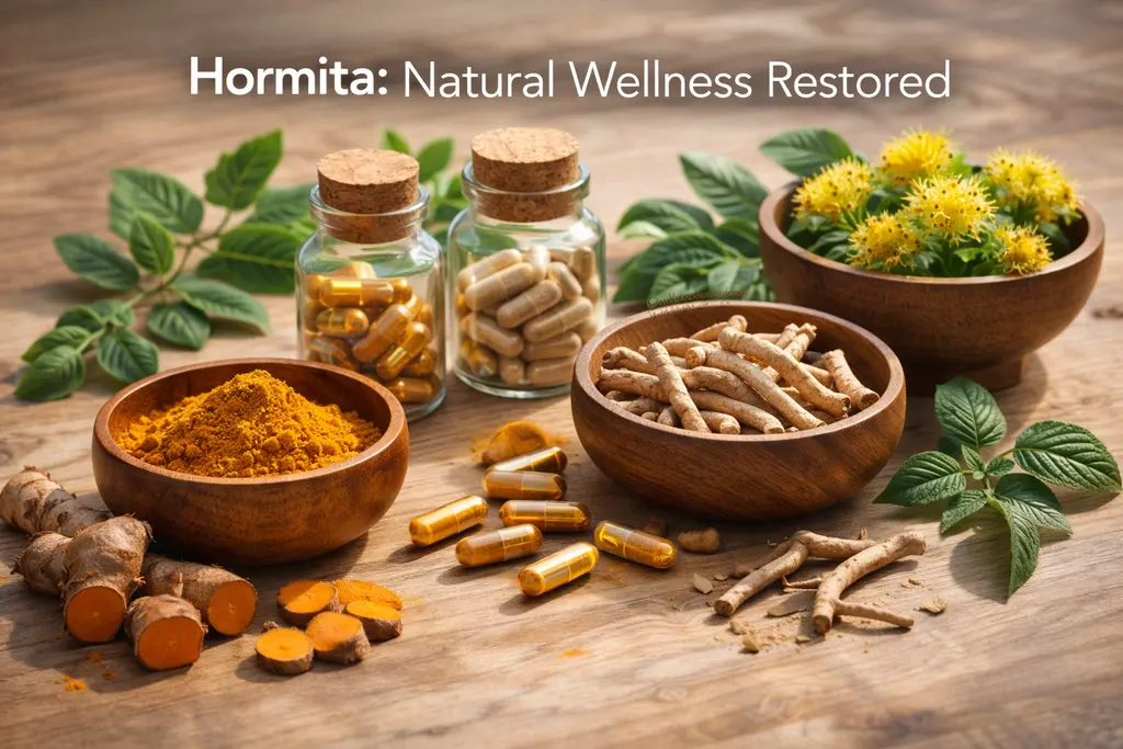 Hormita natural wellness supplement with adaptogenic herbs ashwagandha rhodiola turmeric for hormonal balance and energy boost