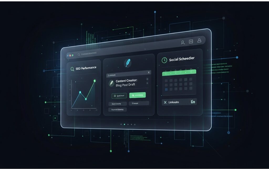 Increditools dashboard interface showing various digital marketing tools and growth metrics on a stylized screen