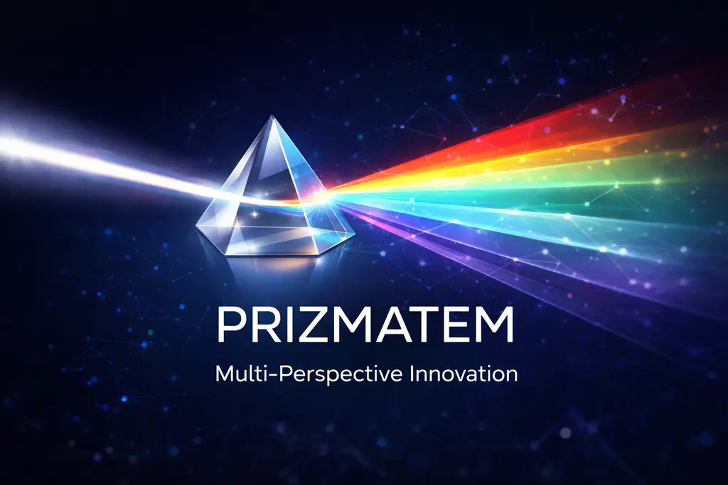 Prizmatem framework showing light passing through prism revealing multiple colored perspectives for problem-solving and innovation strategies