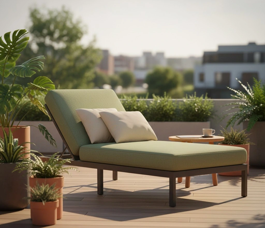 Tumbons outdoor lounge chair on sunny patio showcasing portable foldable seating for relaxation and comfort