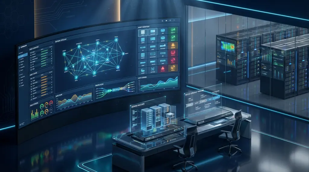 Modern IT network operations center displaying comprehensive inventory management dashboard with real-time asset tracking, network topology visualization, and system health monitoring