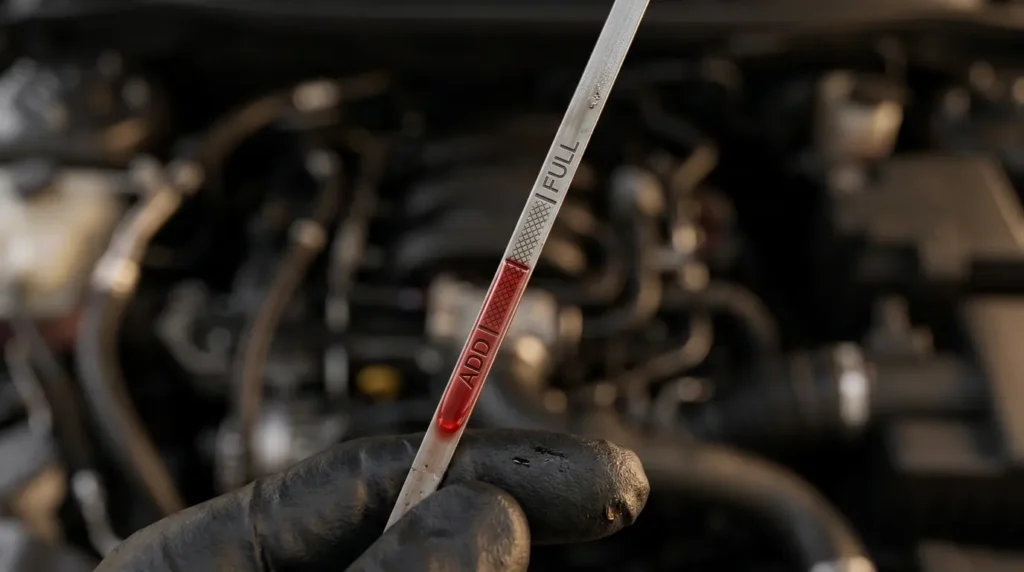 3D close-up of automatic transmission dipstick showing hot and cold fluid level marks with red ATF fluid between correct range indicators