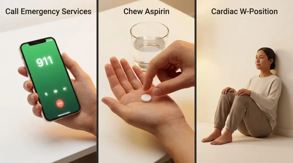 3D educational triptych showing three heart attack first response steps call 911 chew aspirin and sit in cardiac W-position