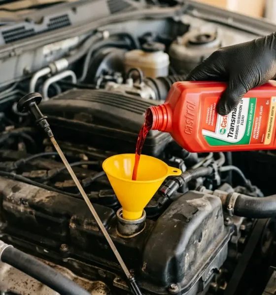 3D photorealistic close-up of hand adding automatic transmission fluid through funnel into car engine bay with dipstick visible