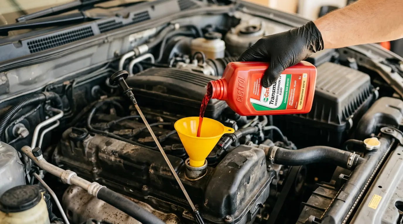 3D photorealistic close-up of hand adding automatic transmission fluid through funnel into car engine bay with dipstick visible
