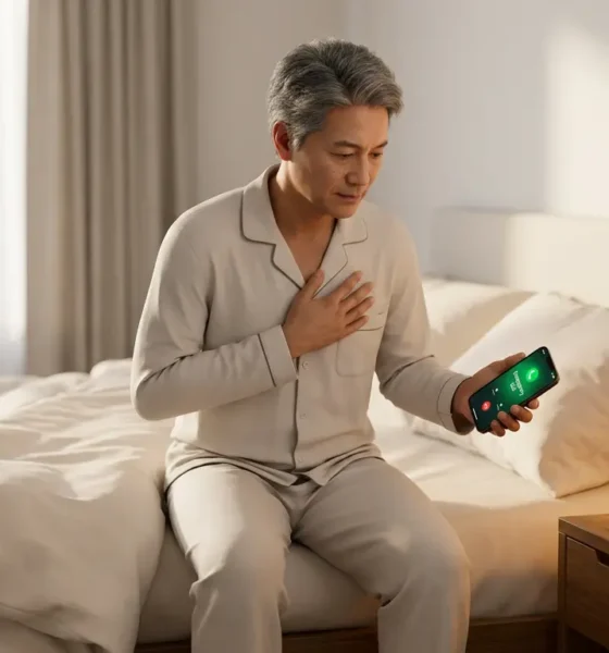 3D photorealistic scene showing emergency heart attack response with person calling 911 and aspirin tablet on nightstand beside them
