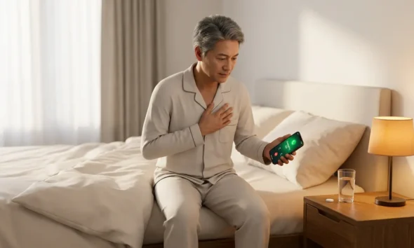 3D photorealistic scene showing emergency heart attack response with person calling 911 and aspirin tablet on nightstand beside them