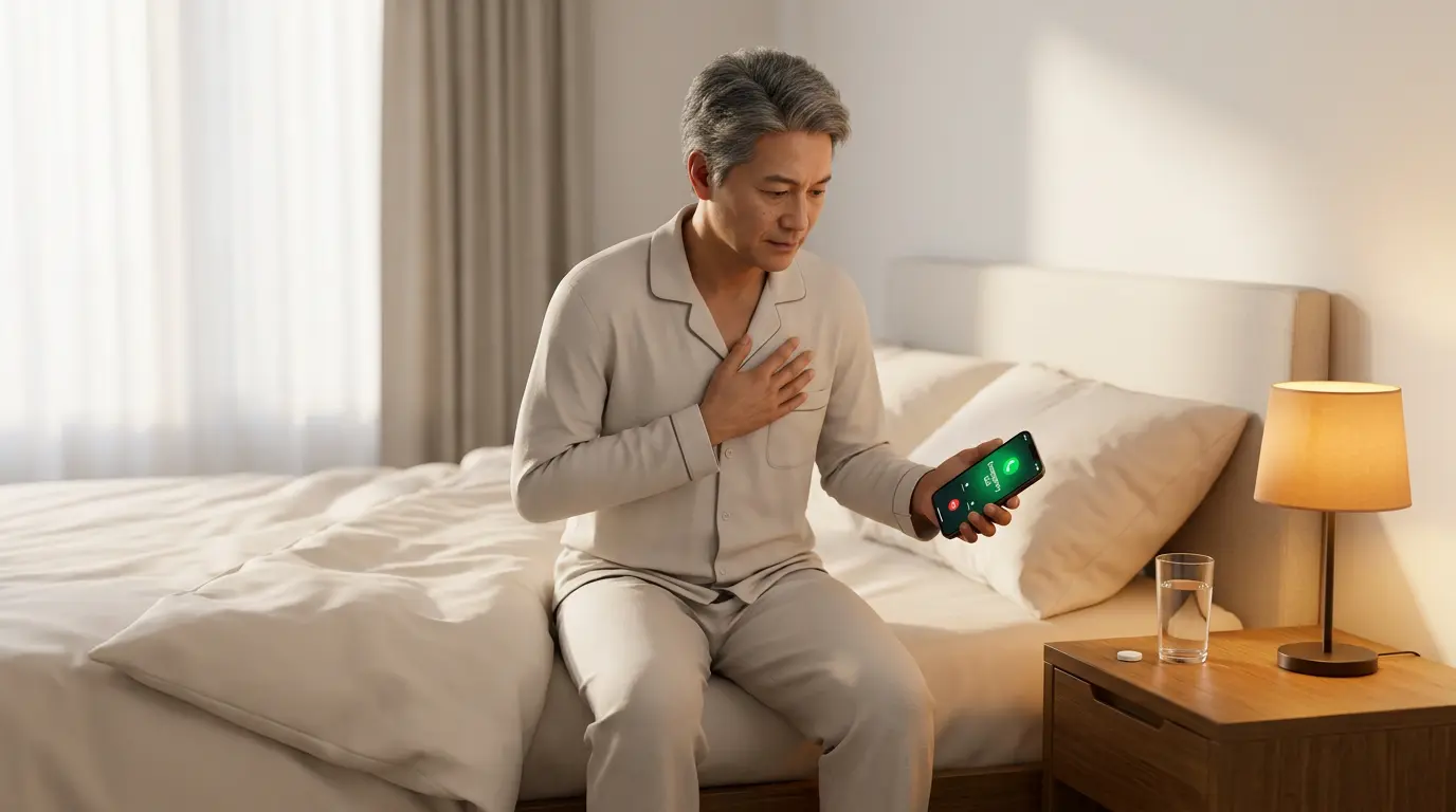 3D photorealistic scene showing emergency heart attack response with person calling 911 and aspirin tablet on nightstand beside them