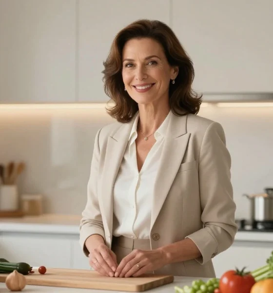 Kate Connelly television host and former model in a modern kitchen setting editorial portrait