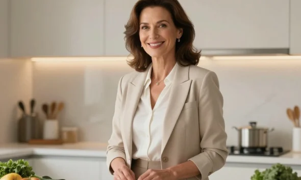 Kate Connelly television host and former model in a modern kitchen setting editorial portrait