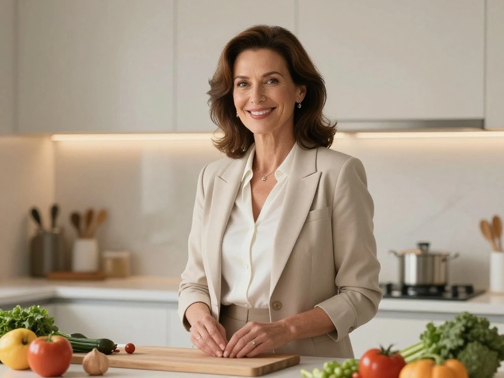 Kate Connelly television host and former model in a modern kitchen setting editorial portrait